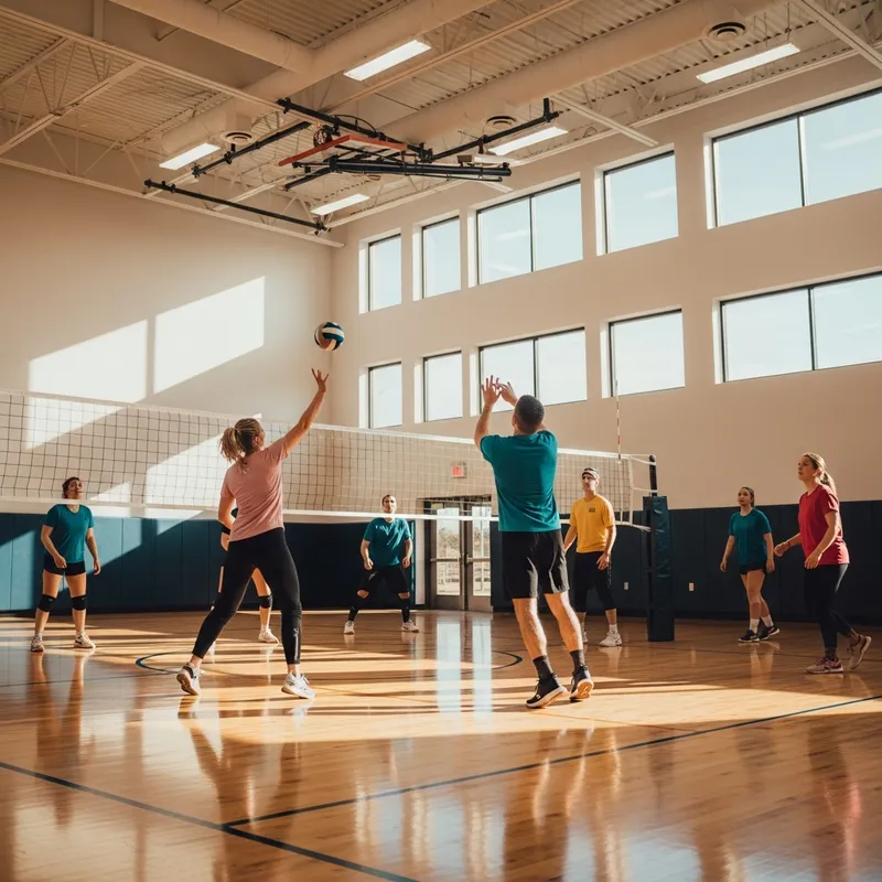 People playing drop-in volleyball in community centre gym