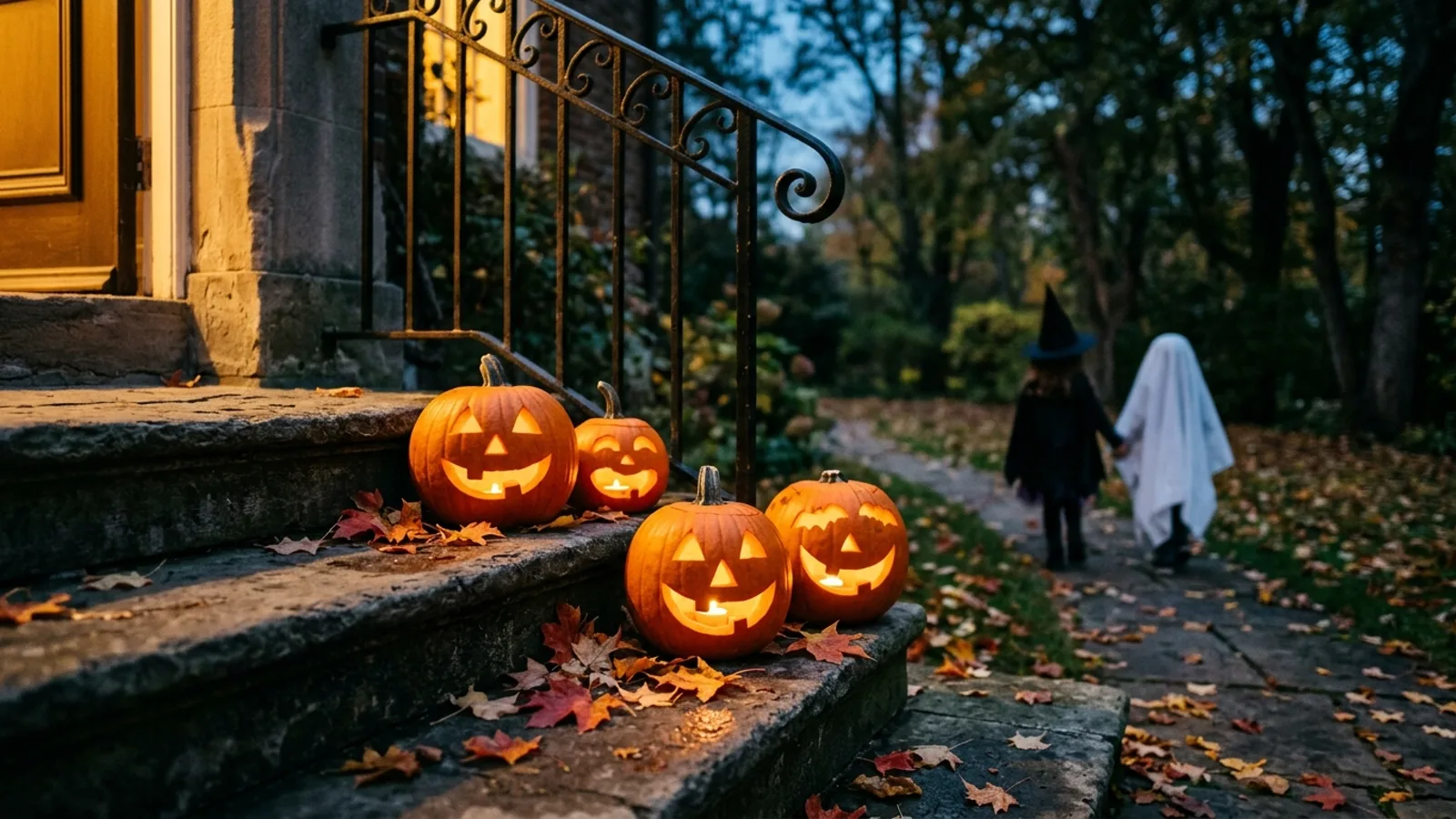 Illustration: four carved jack-o'-lanterns glowing with candlelight on weathered stone steps scattered with fallen maple leaves, beside a wrought-iron railing, as two children in Halloween costumes — a witch hat and a ghost sheet — walk away down a leaf-covered path at dusk