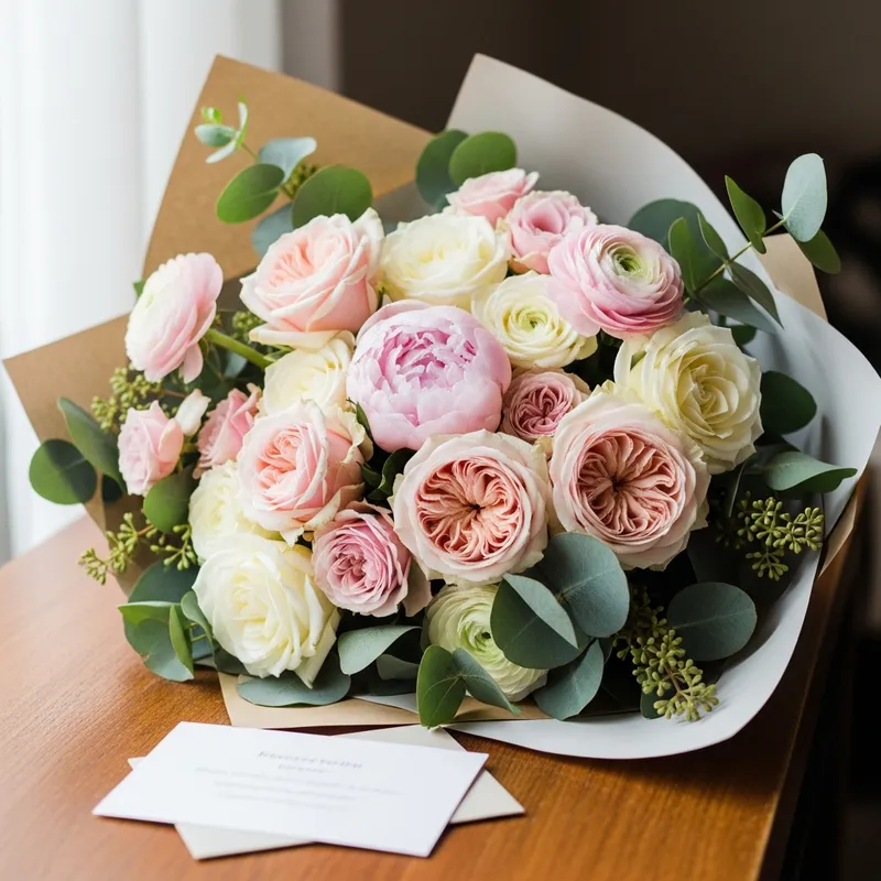 AVIO Flowers Mother's Day garden rose and peony bouquet wrapped in kraft paper