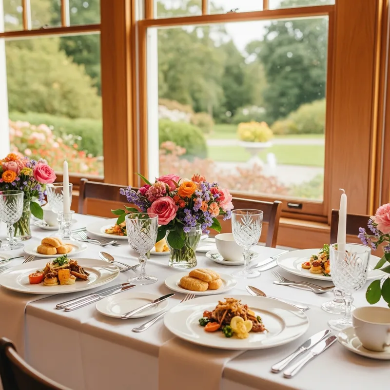 Elegant Mother's Day brunch table setting with garden views at The Guild Inn Estate
