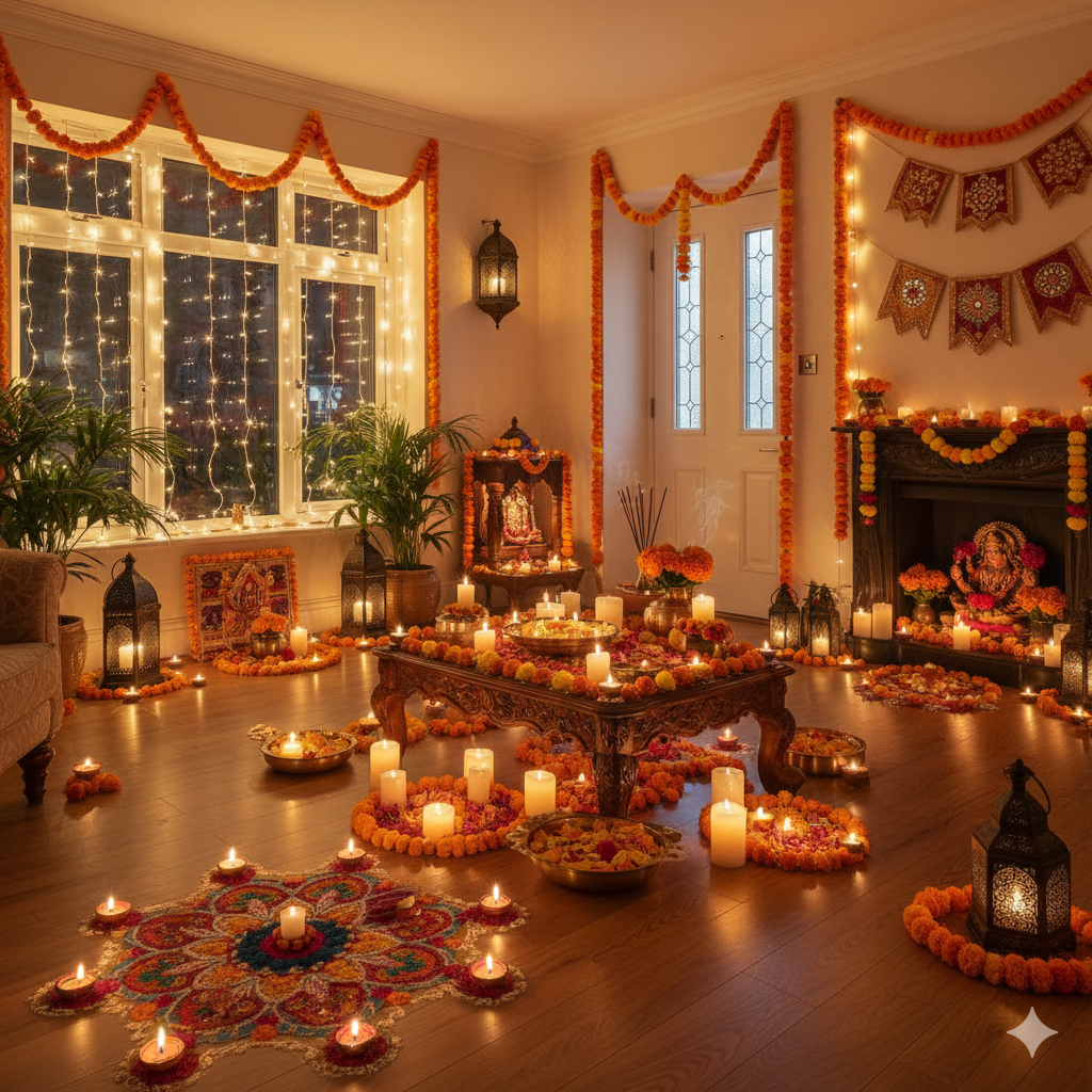 Diwali décor with diyas, marigold garlands, lanterns and rangoli in a North York home