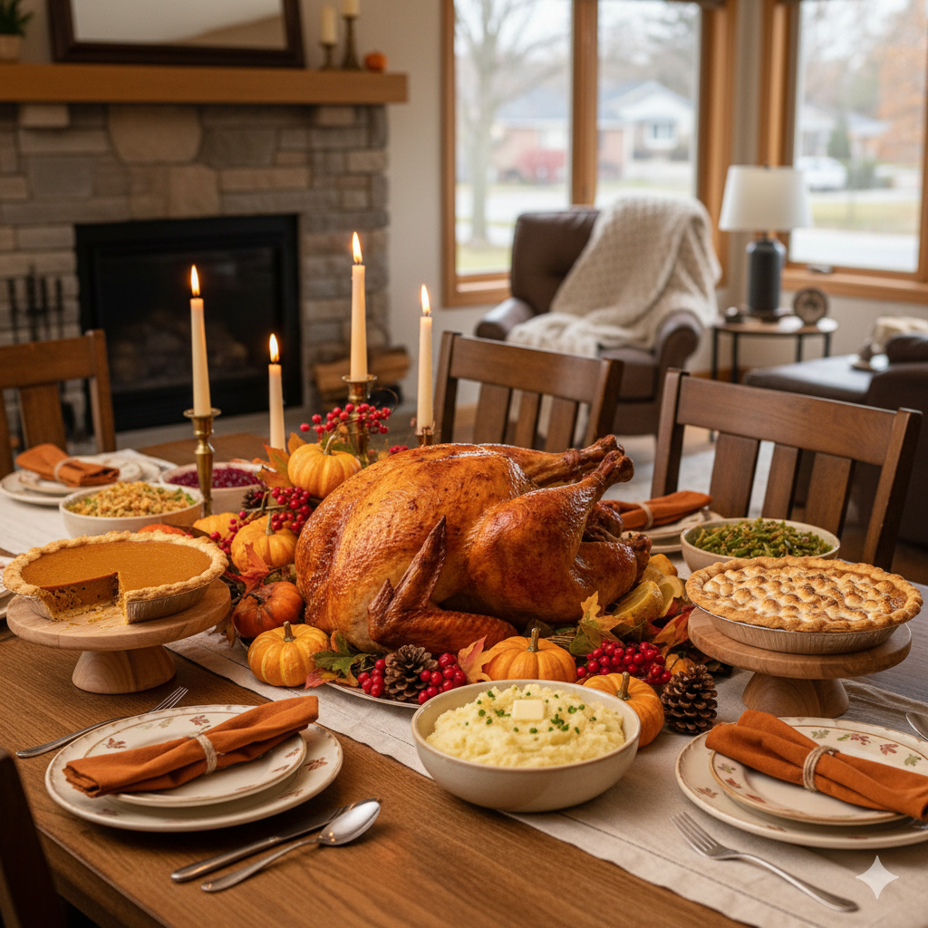 Traditional Thanksgiving dinner with turkey and festive table setting
