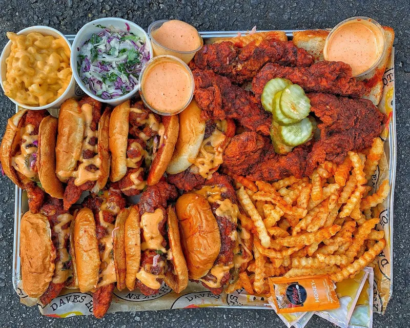 Dave's Hot Chicken Nashville hot chicken tenders sliders and fries platter at 5302 Yonge St North York