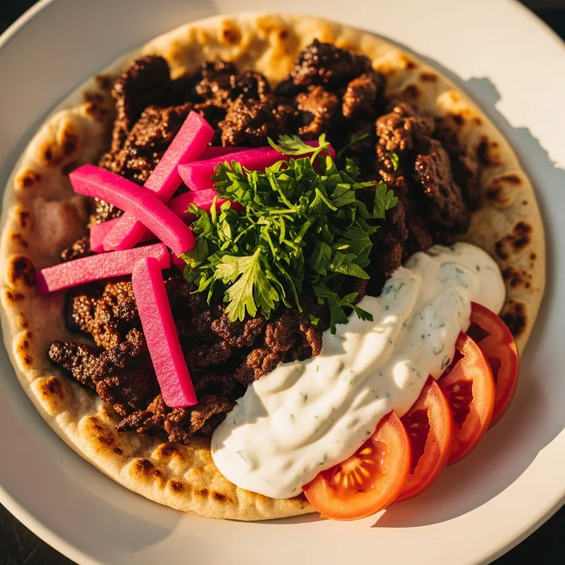 Euro Shawarma fresh toppings bar with pickled turnips, lettuce, tomatoes, peppers, and hummus