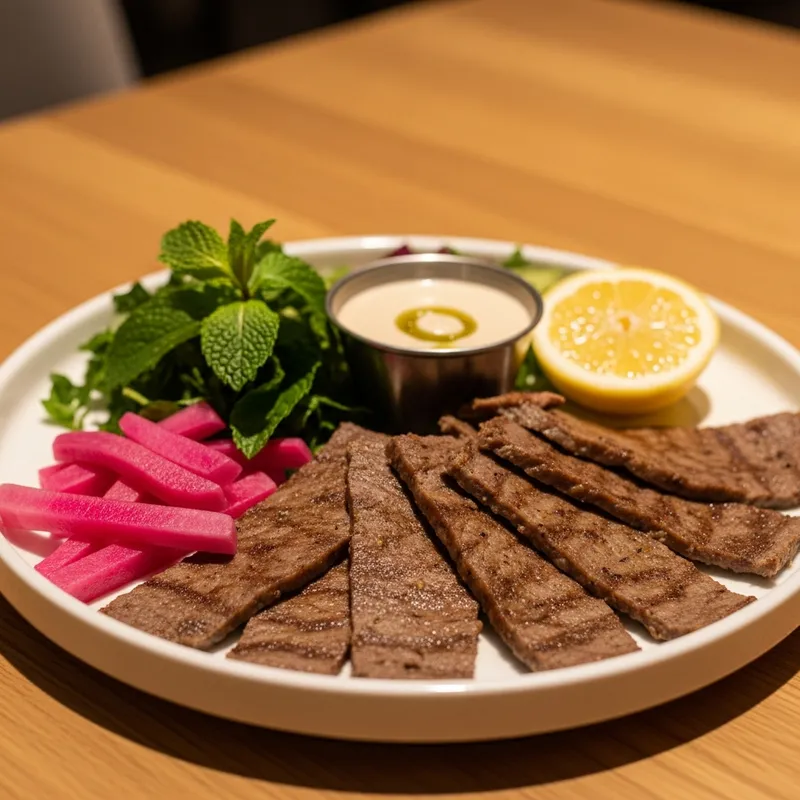Sumac Lebanese Grill upscale beef shawarma plate with tahini, pickled turnips, and fresh mint