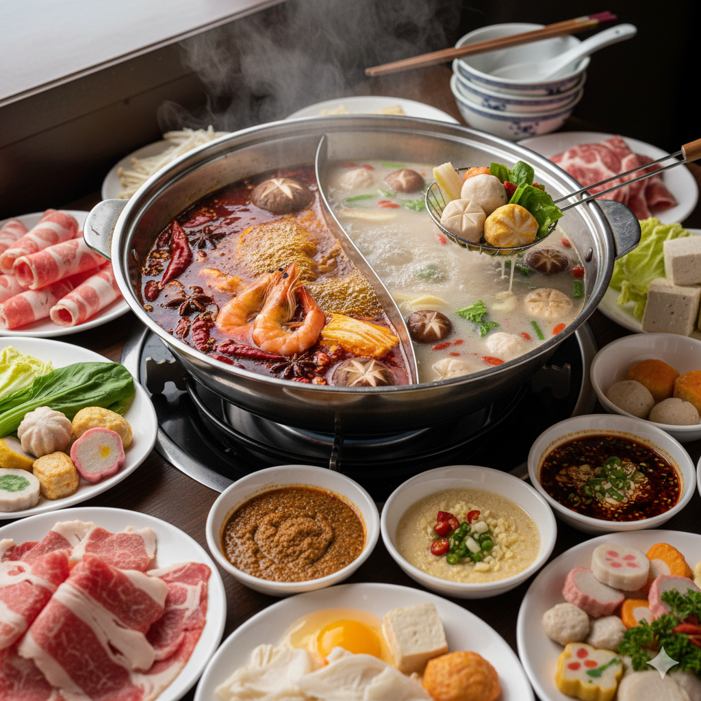 Steaming hotpot with fresh ingredients including sliced meats, vegetables, and mushrooms ready to cook in bubbling broth