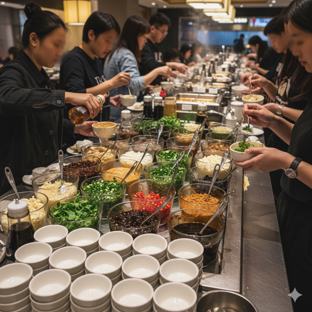 Haidilao sauce station with dozens of condiments, oils, and toppings for creating custom dipping sauces