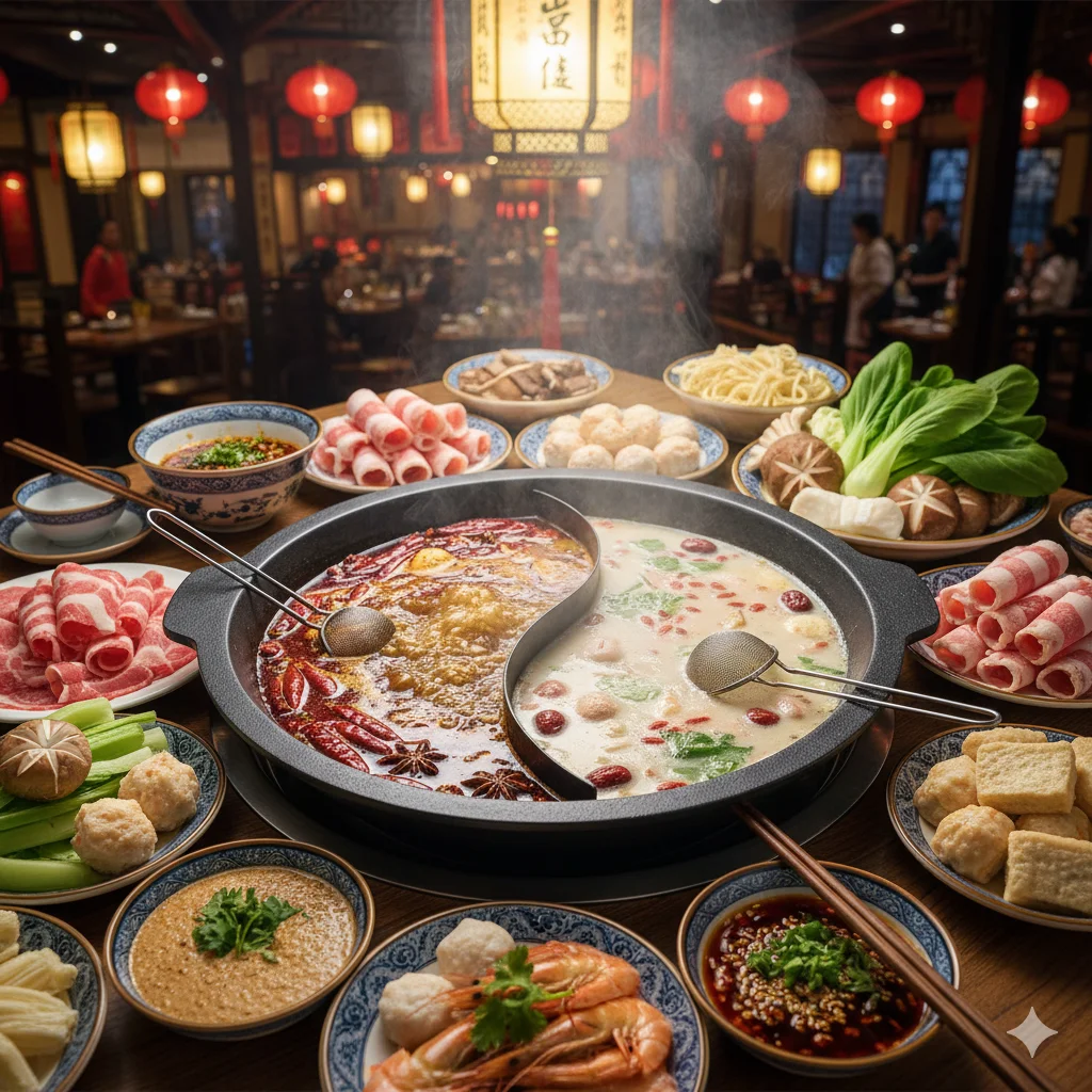 Chinese hot pot with fresh ingredients