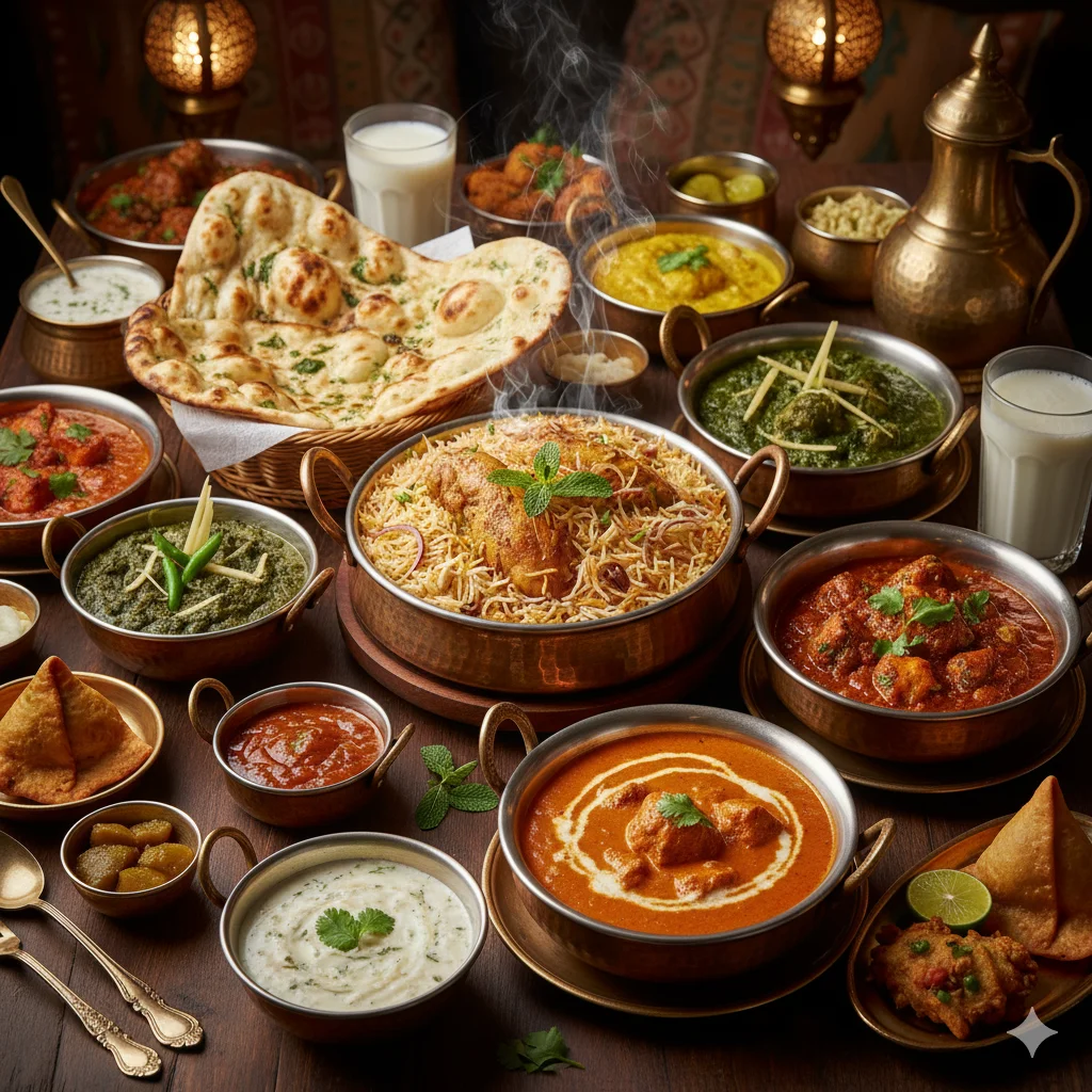 Indian curry dishes with naan bread