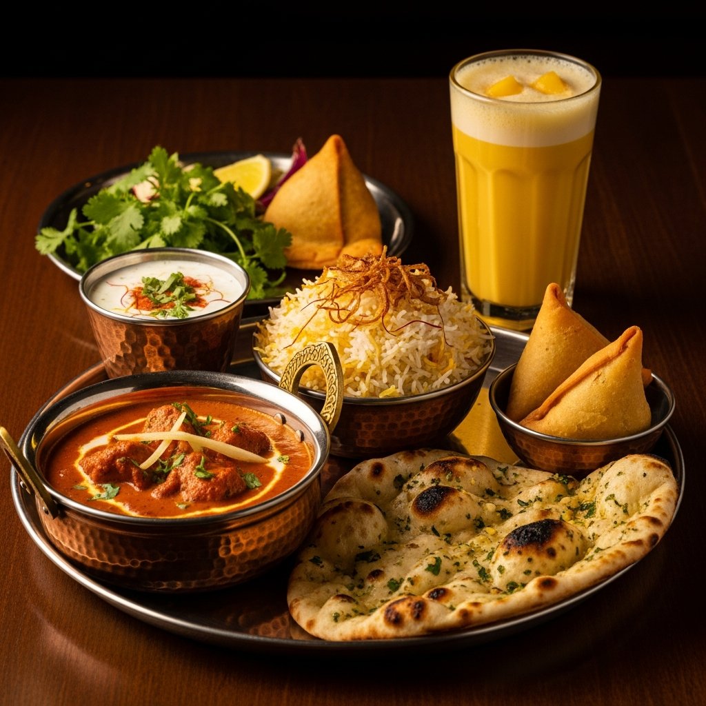 Indian cuisine spread featuring butter chicken, biryani, naan, and curries in North York