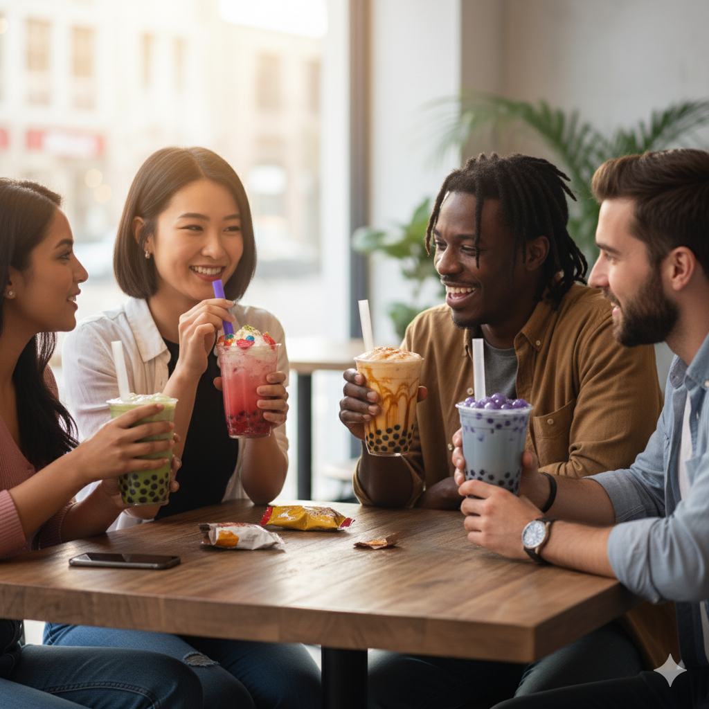 Person enjoying bubble tea with a smile, holding a clear cup filled with colorful boba pearls and milk tea, capturing the joy of North York's bubble tea culture