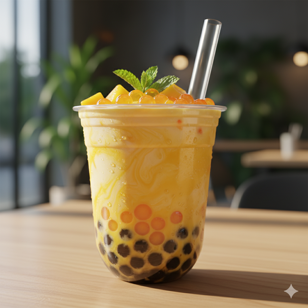 Refreshing mango bubble tea with tapioca pearls in a clear cup, showcasing the vibrant orange-yellow color of fresh mango blended with milk tea