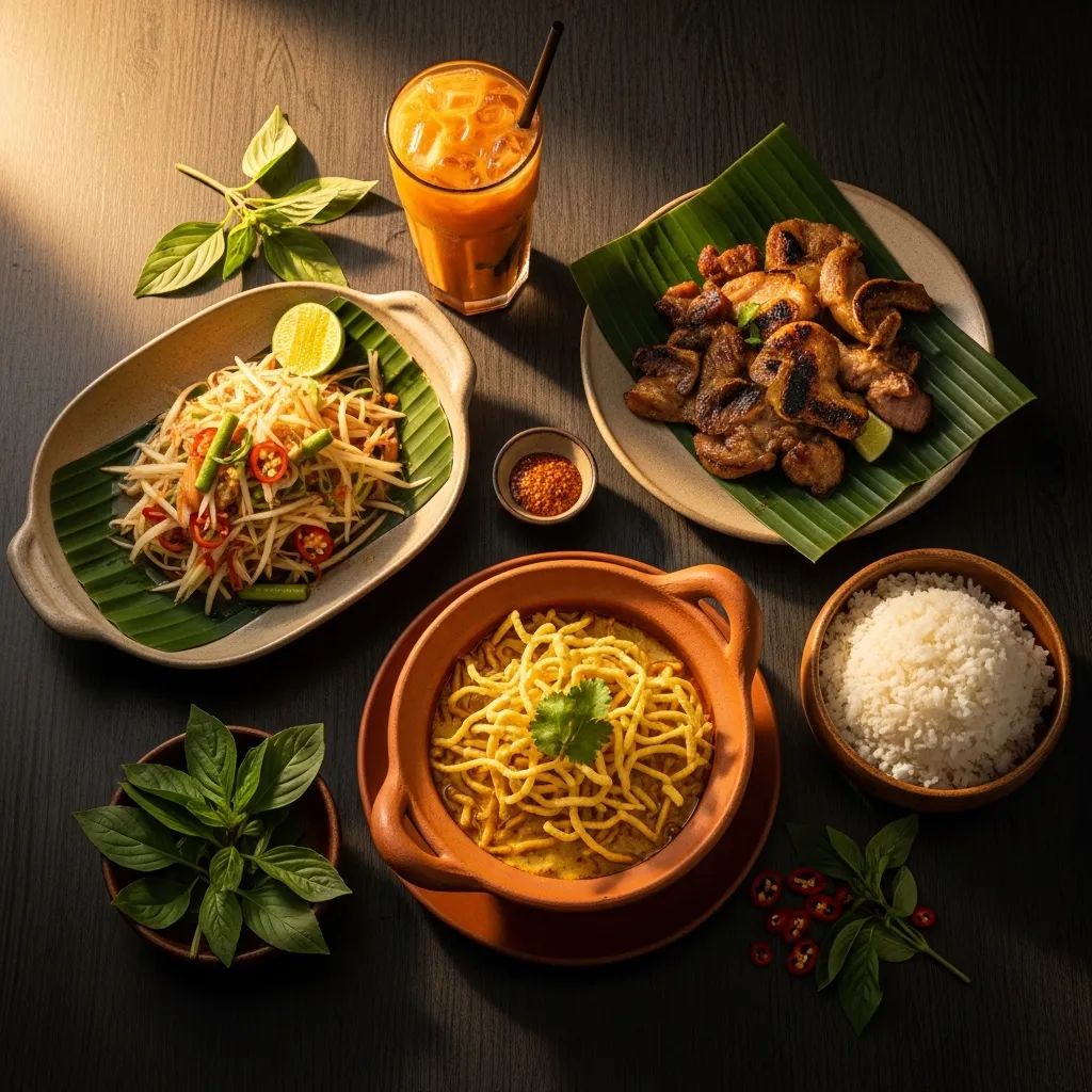 Thai food spread featuring Khao Soi, papaya salad, and Thai iced tea
