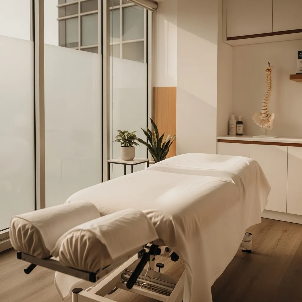 Modern chiropractic treatment room in North York with natural light and clean design