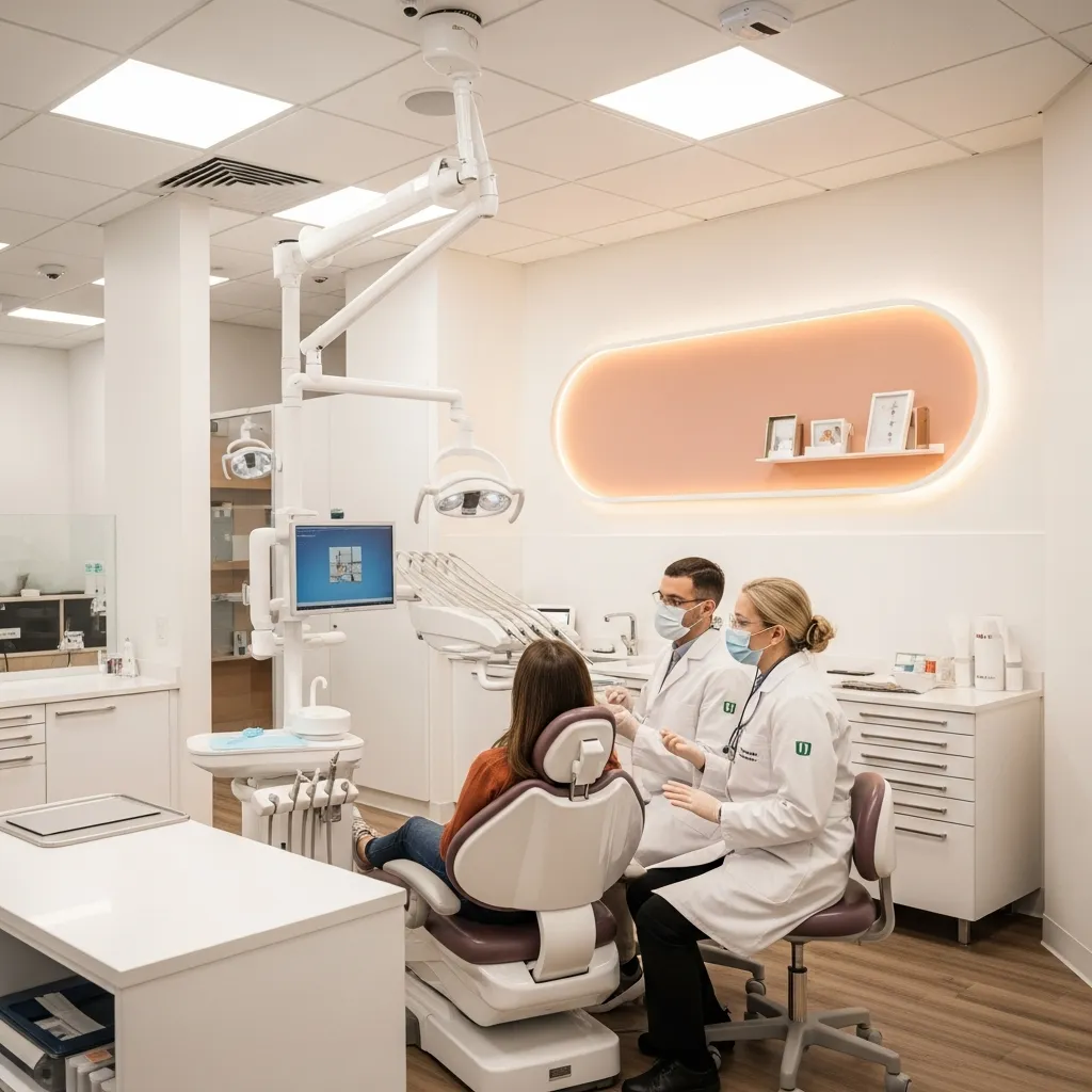 Modern dental clinic interior with bright natural lighting and contemporary design