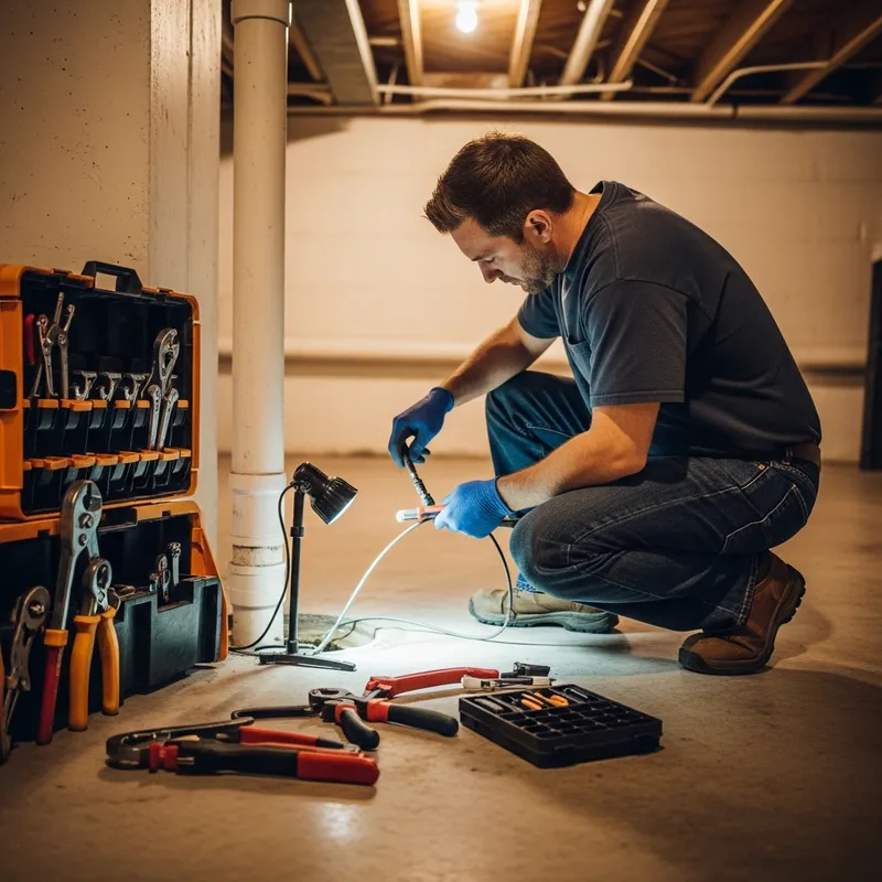 MT Drains and Plumbing technician inspecting a basement drain