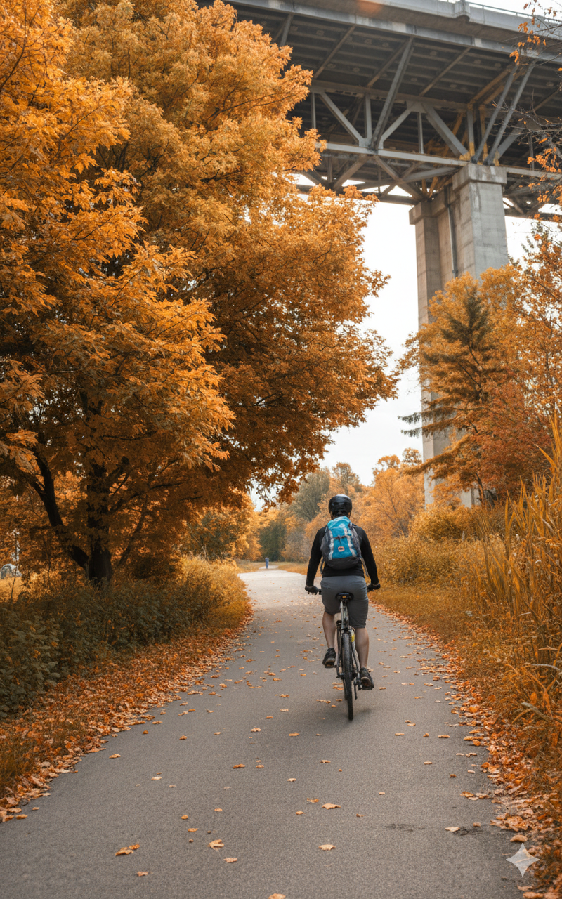 Lower Don River Trail with scenic fall colours and autumn foliage along the Don Valley in North York Toronto