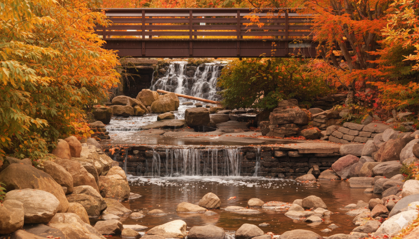 Edwards Gardens manicured paths with stunning fall foliage and vibrant autumn colours in North York Toronto