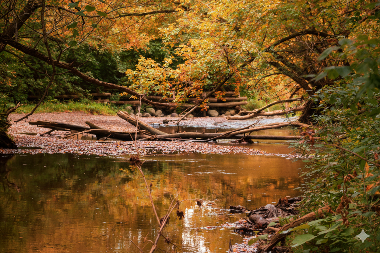 German Mills Settlers Park quiet forest trail with peaceful fall foliage and autumn colours in North York