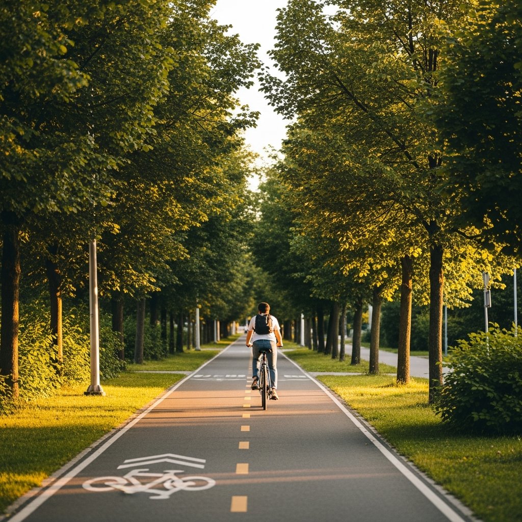Cyclists on a paved trail along the Don Valley with North York skyline behind them
