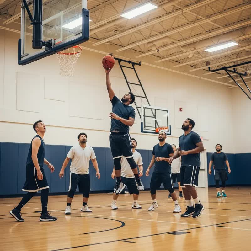 Adults playing a drop-in basketball game in an indoor community gym