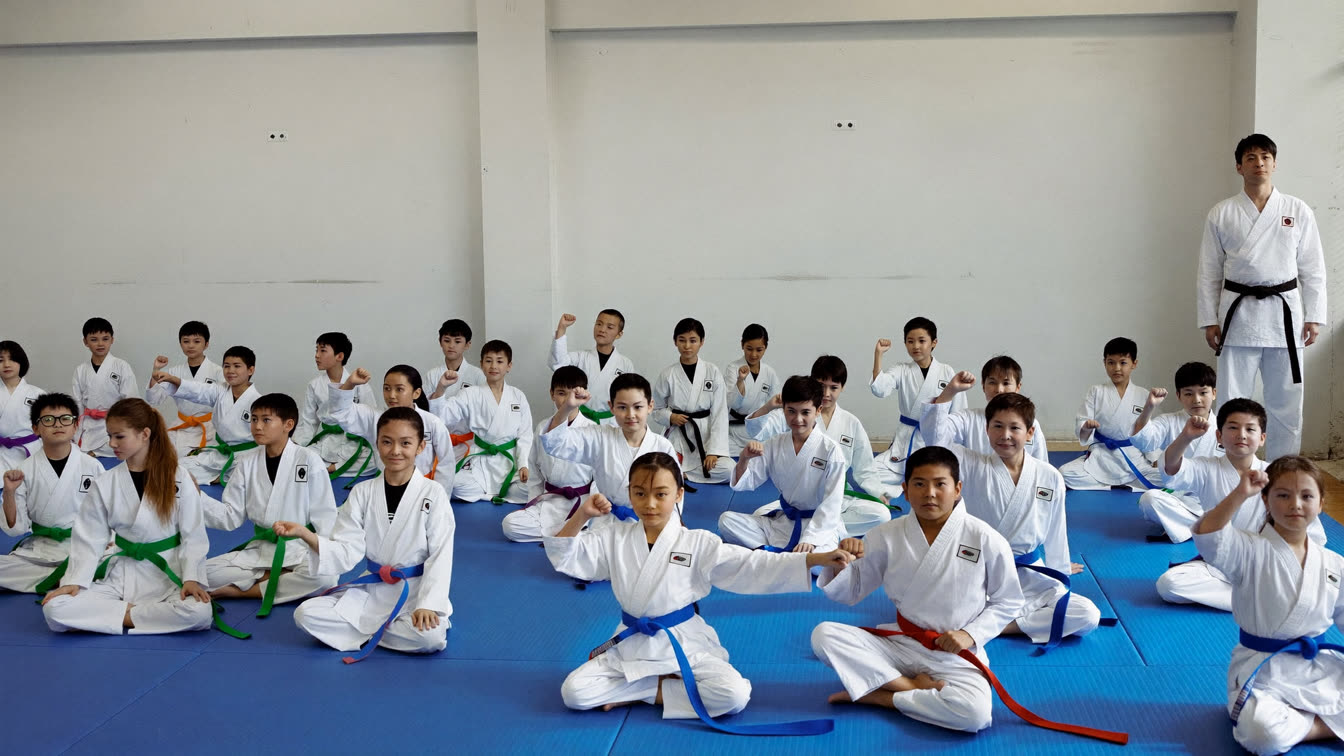 Kids in white karate uniforms with coloured belts seated on blue mats with their instructor