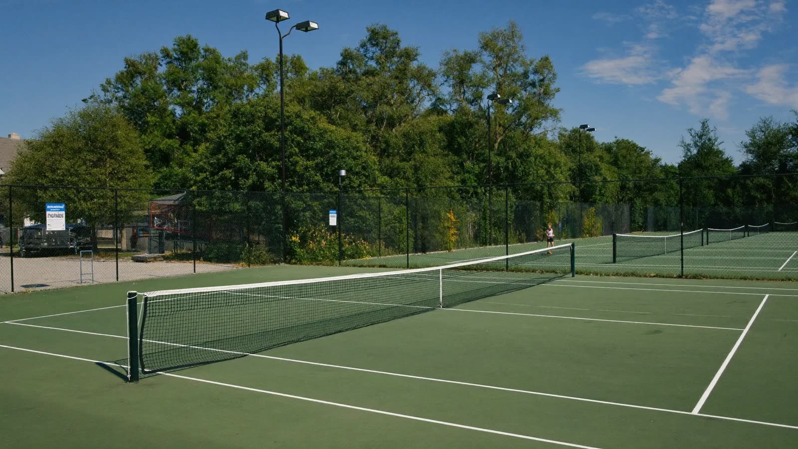 Public outdoor tennis courts with nets in a Toronto park